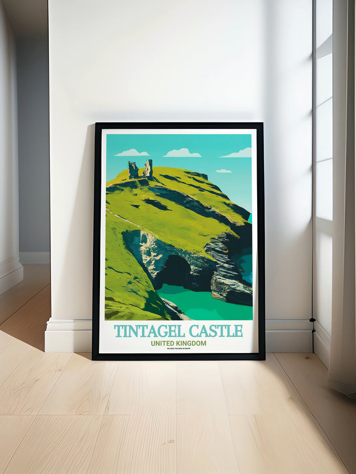 Tintagel Castle Travel Print, featuring the castle ruins above the famous Merlins Cave. This detailed artwork of Cornwalls iconic site is ideal for history enthusiasts and those fascinated by the King Arthur legend, blending both natural beauty and folklore.