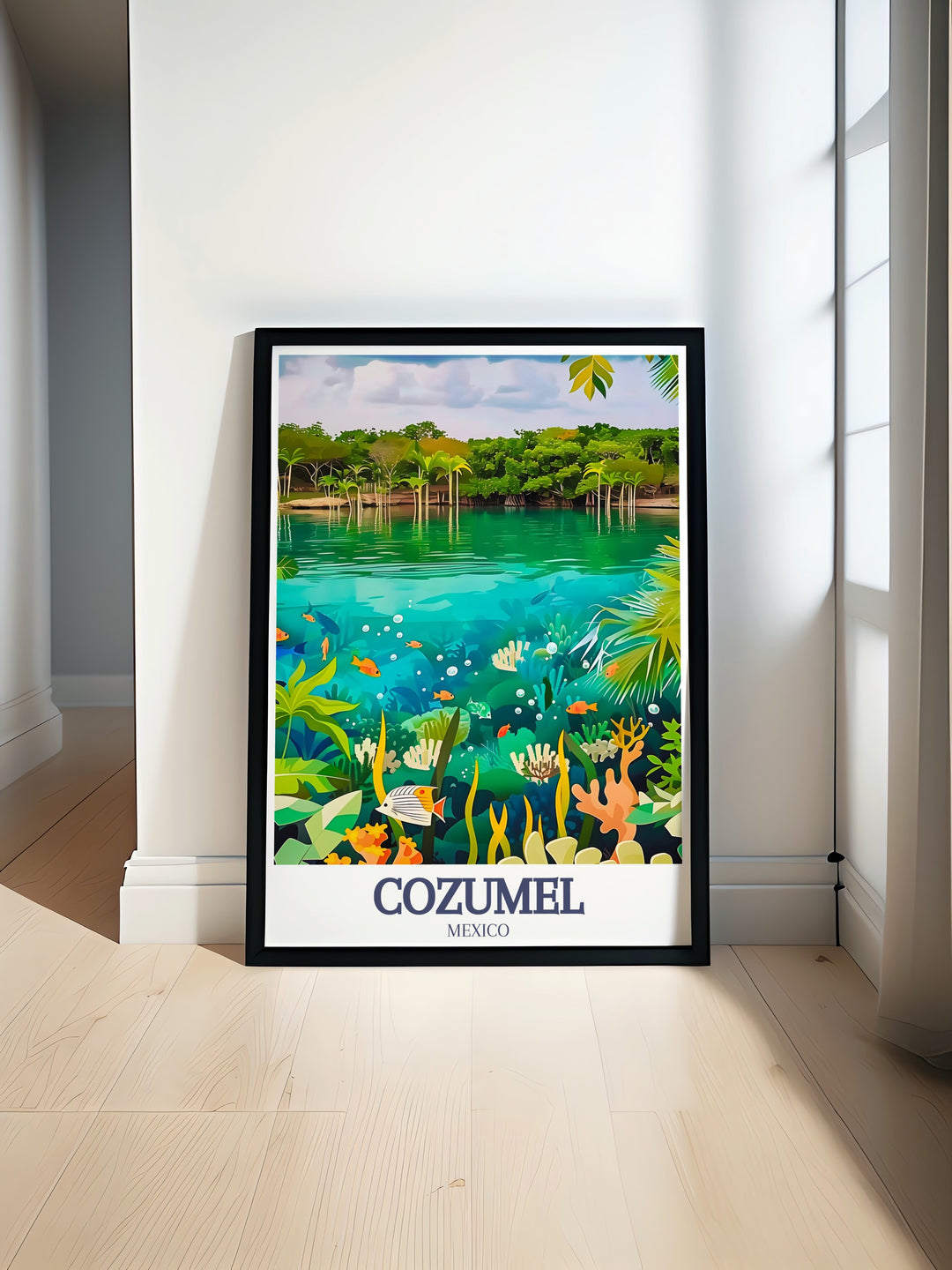 Cozumel Travel Print featuring the beautiful Palancar Reef and Chankanaab National Park. This vibrant artwork brings the natural beauty of Cozumel Mexico into your home creating an inviting and tropical atmosphere perfect for living room decor and wall art.