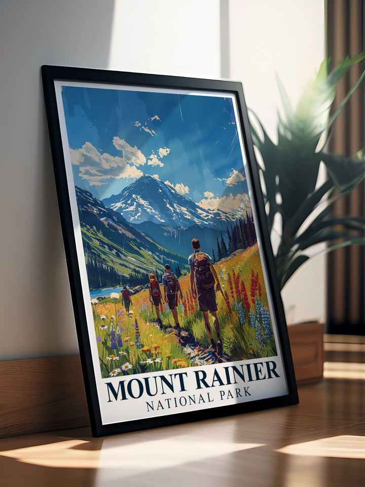 Vintage travel print of Mount Rainier evoking nostalgia reminiscent of classic travel posters ideal for those who love retro aesthetics and want to bring a piece of Washington State into their home along with Paradise Meadows modern decor