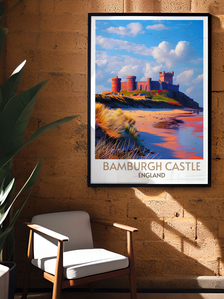 Bamburgh Castle framed print displaying the grandeur of this English landmark against the coastal backdrop, perfect for collectors of vintage travel prints.