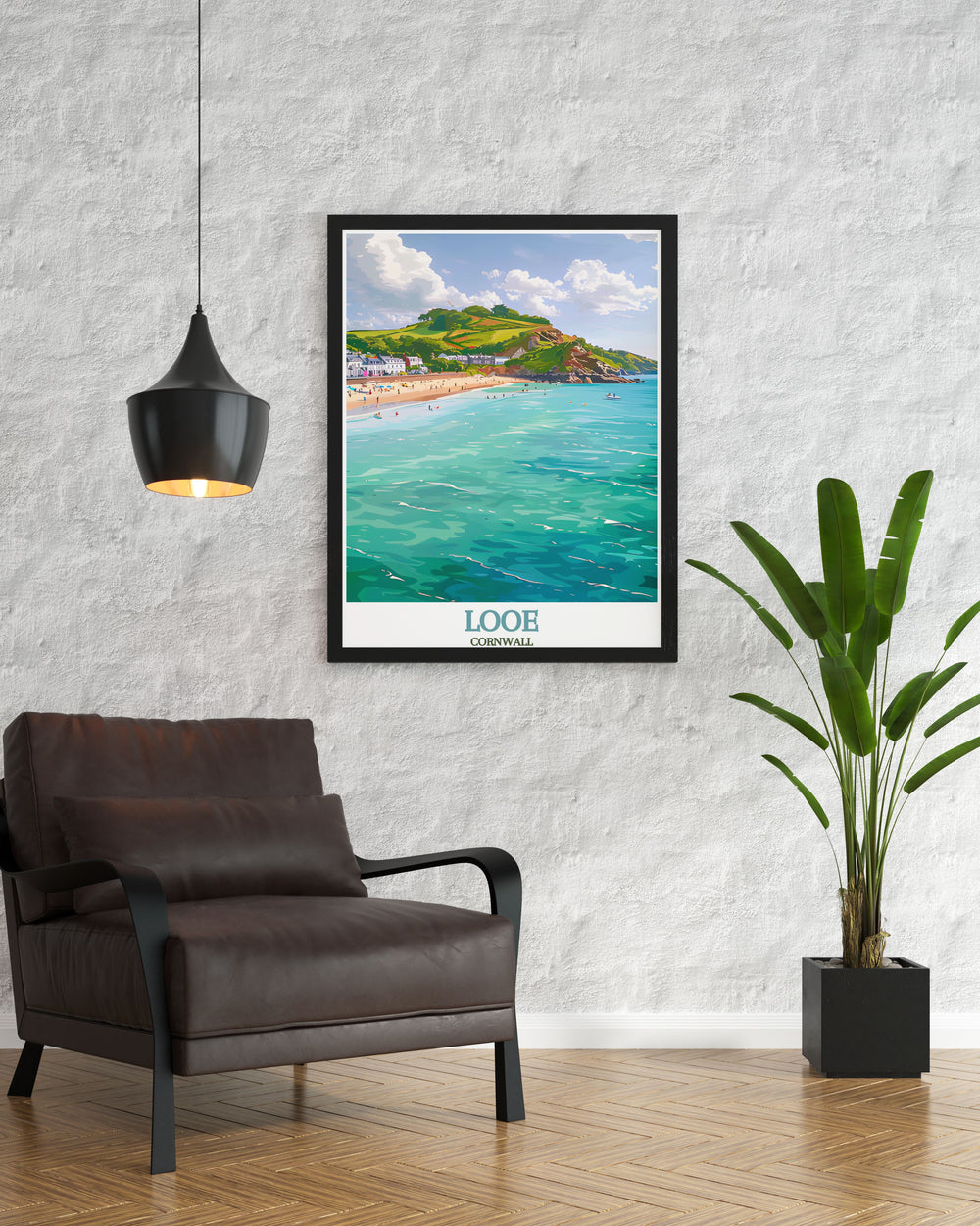 Beautiful East Looe Beach modern prints featuring vibrant colors and detailed illustration of the picturesque Looe Cornwall coastline a stunning addition to any living room decor and an elegant gift for those who adore Cornwall.