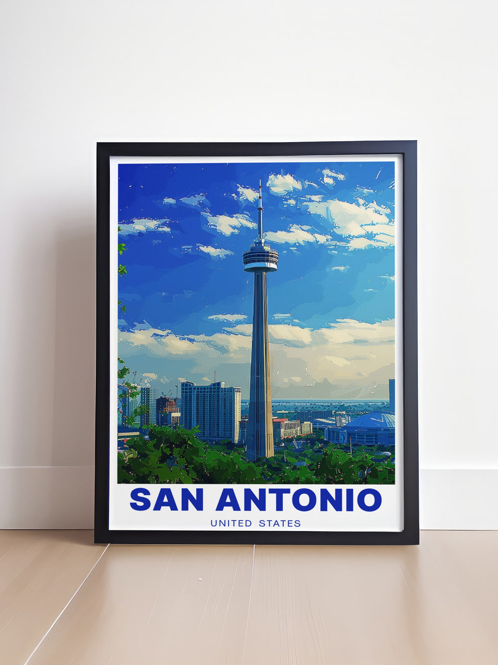 Our San Antonio travel print features a striking depiction of the Tower of the Americas, bringing a touch of urban sophistication to your living space. Ideal for anyone who loves Texas or enjoys exploring iconic cityscapes.