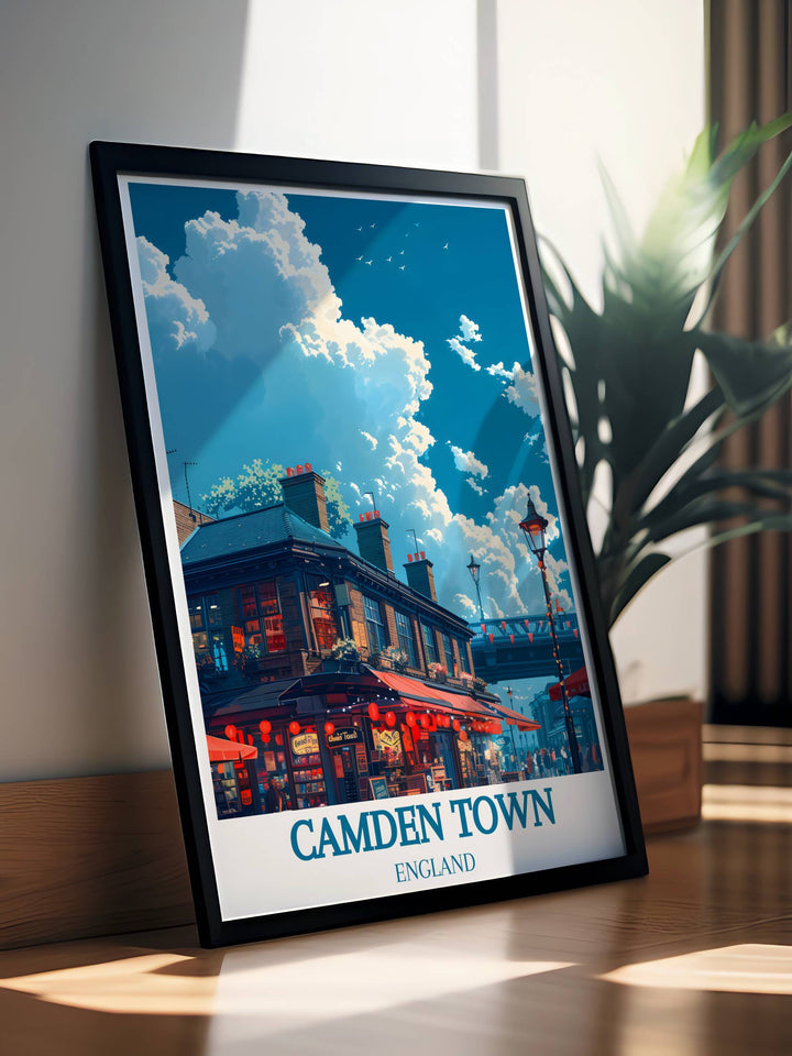 Detailed Camden Market print showcasing the charm and creativity of Camden Town London from its eclectic markets to its renowned street art a beautiful addition to any home decor or art collection.