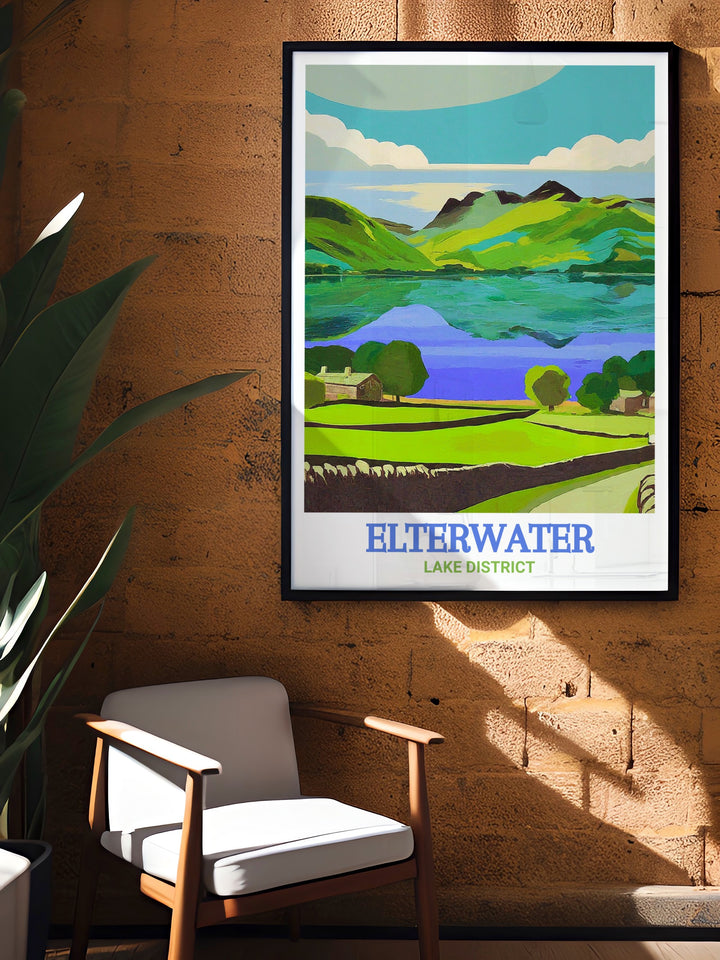 Elterwater Lake modern art print showcases the calm waters and surrounding fells in the Lake District. Great for anyone looking to add Cumbria travel inspired decor or a fell hiking gift to their collection of National Park artwork.