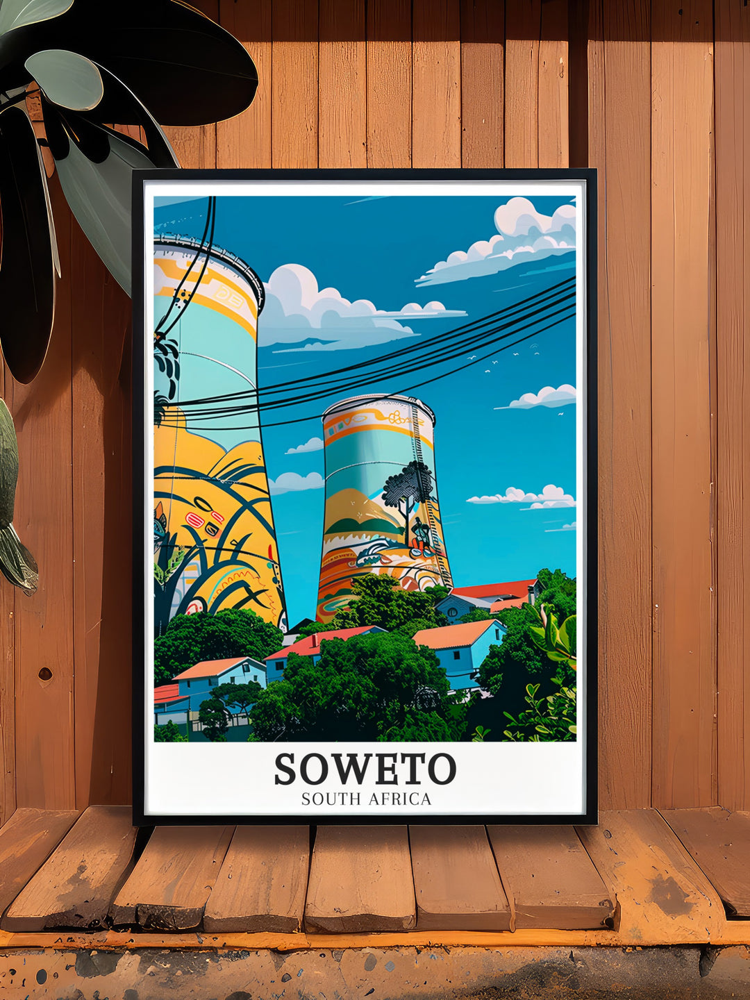 Soweto Print capturing the iconic Orlando Towers, now a bungee jumping center, with detailed murals that reflect the vibrant culture of the township, a must have for anyone who loves South African art and adventure.