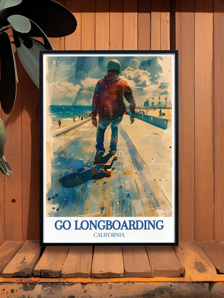 Vintage travel poster of longboarders at Venice Beach, celebrating the timeless appeal of skating and the dynamic lifestyle of this renowned beach destination, perfect for nostalgic decor.