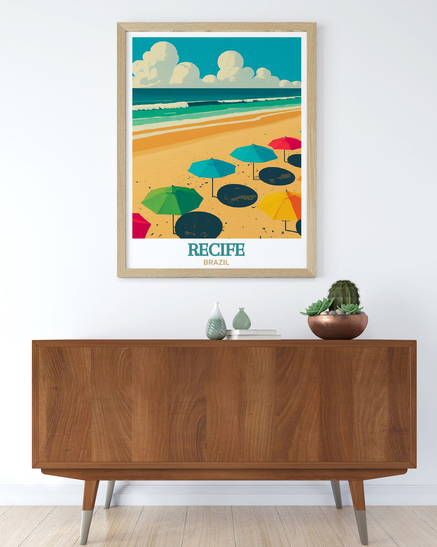 A beautiful travel print showcasing Boa Viagem Beach in Recife, Brazil. This poster captures the serene coastline, golden sands, and vibrant atmosphere of this iconic Brazilian beach, making it a perfect piece for lovers of tropical destinations and beach inspired decor.