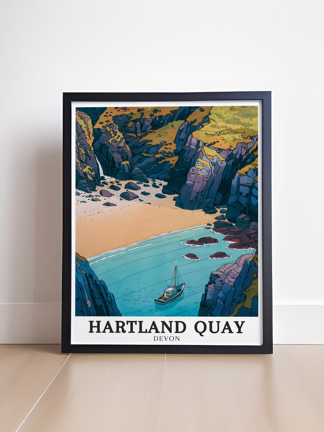 South Devon travel poster offering a serene and calming view of the countryside and coastal landscapes. This detailed print captures the essence of South Devons natural beauty, perfect for creating a peaceful ambiance in your home or office.