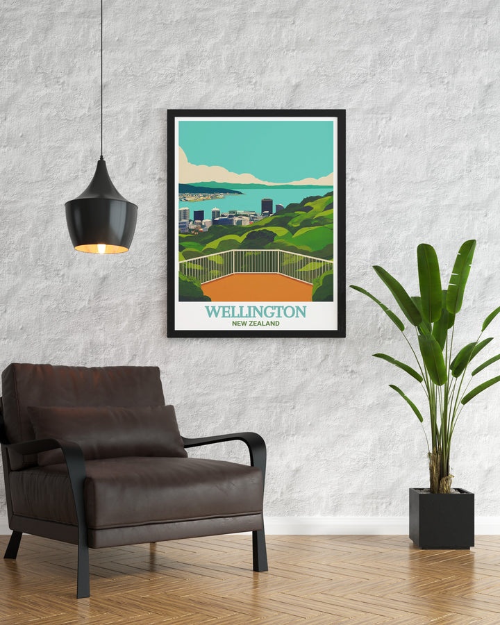 New Zealand travel print highlighting Wellington and Mount Victoria Lookout, with detailed views of the city and surrounding natural beauty. Perfect for those who appreciate the mix of urban and scenic landscapes in their décor.