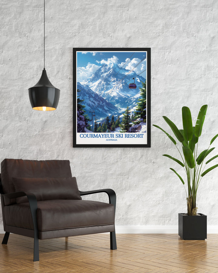 This ski resort poster captures the elegance of Courmayeur Ski Resort and the majesty of Mont Blanc, perfect for adding a touch of Italian alpine charm to your decor.