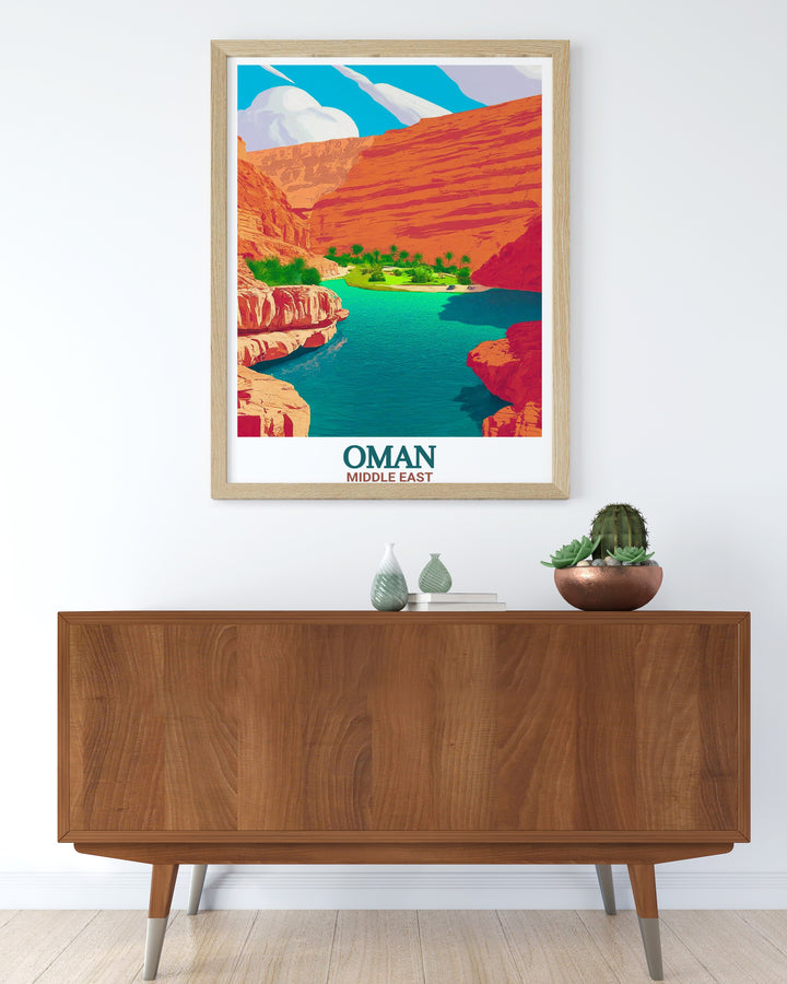 Experience the natural charm of Wadi Shab with this beautiful Oman wall art. The artwork captures the essence of Omans dramatic landscapes, offering a vivid reminder of the Middle Easts stunning scenery.