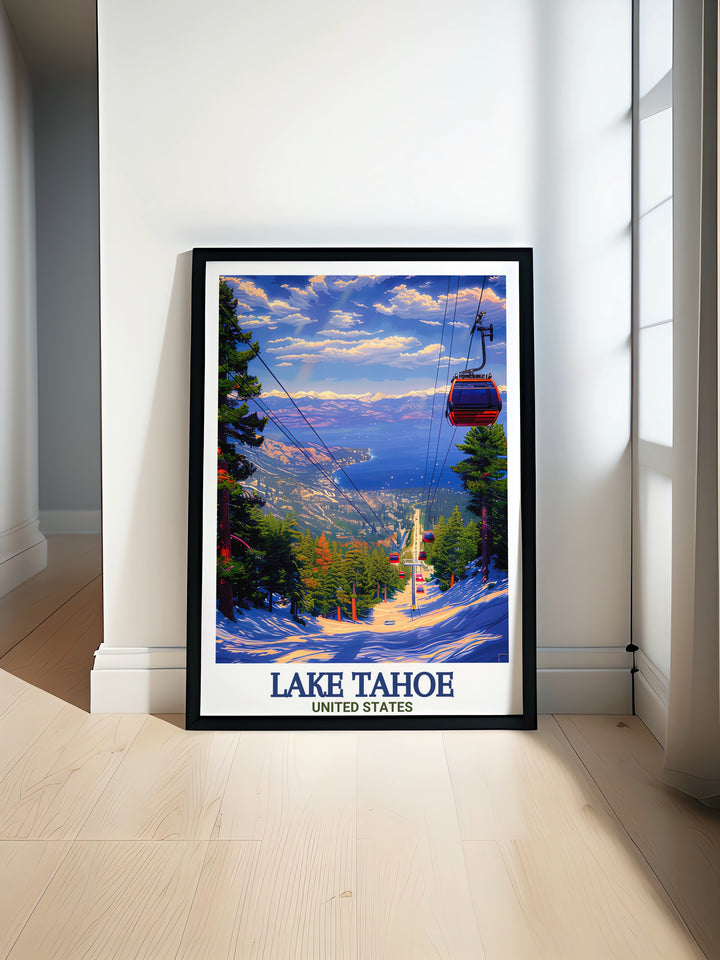 The Lake Tahoe Poster Print captures the stunning natural beauty of Lake Tahoes crystal clear waters and the snow capped peaks of Heavenly Mountain Resort. This travel print adds a serene and scenic touch to any home, perfect for those who appreciate natures beauty and adventure.