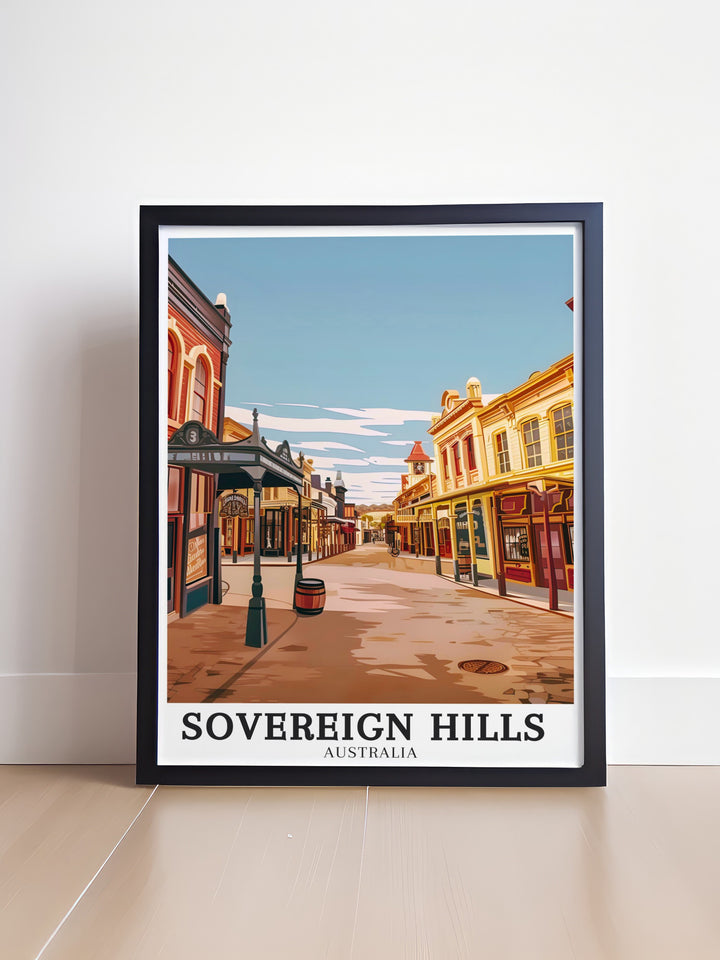 Detailed Sovereign Hill vintage poster featuring the iconic landmarks and historical buildings of this living museum. Perfect for history enthusiasts and those who appreciate classic New Zealand and Australian art