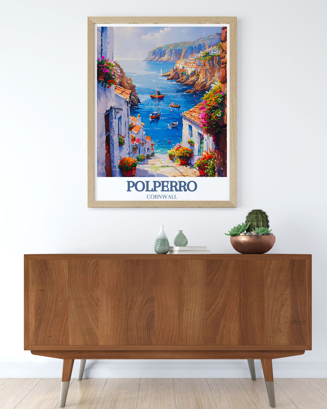 Polperro Beach vintage travel print depicting the charming narrow streets and vibrant culture of Polperro Cornwall perfect for travel enthusiasts