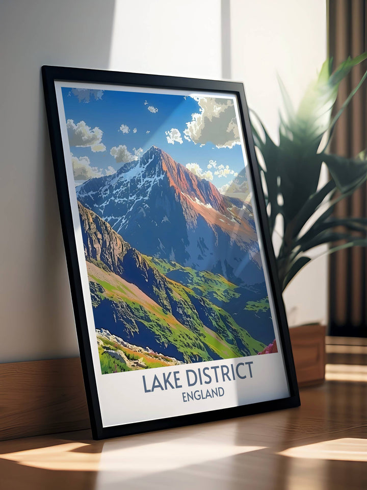 Scenic Lake District art featuring the majestic Scafell Peak. This vintage print beautifully portrays the rugged charm and natural beauty of North West Englands famous peak, adding a touch of adventure to any rooms decor.