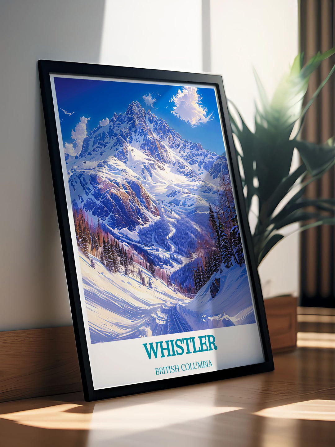 Exquisite canvas art depicting the iconic slopes of Whistler Blackcomb, British Columbia. This print highlights the expansive skiable terrain and snow covered peaks, perfect for adding a touch of adventure to your home decor.