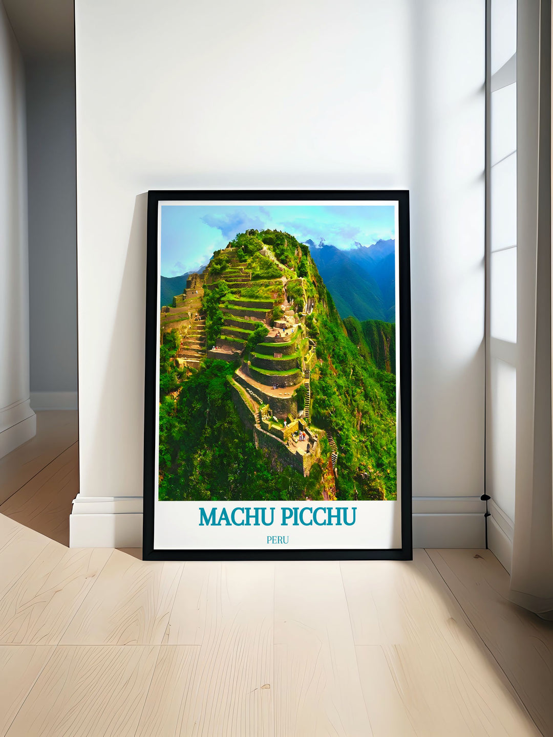 Machu Picchu travel print featuring Huayna Picchu in minimalist graphic art style perfect for enhancing modern living room décor with elegant and timeless beauty of Peru. This travel poster is ideal for anyone looking to add a touch of adventure and cultural heritage to their space with stunning prints that capture the architectural wonders and natural splendor of Machu Picchu.