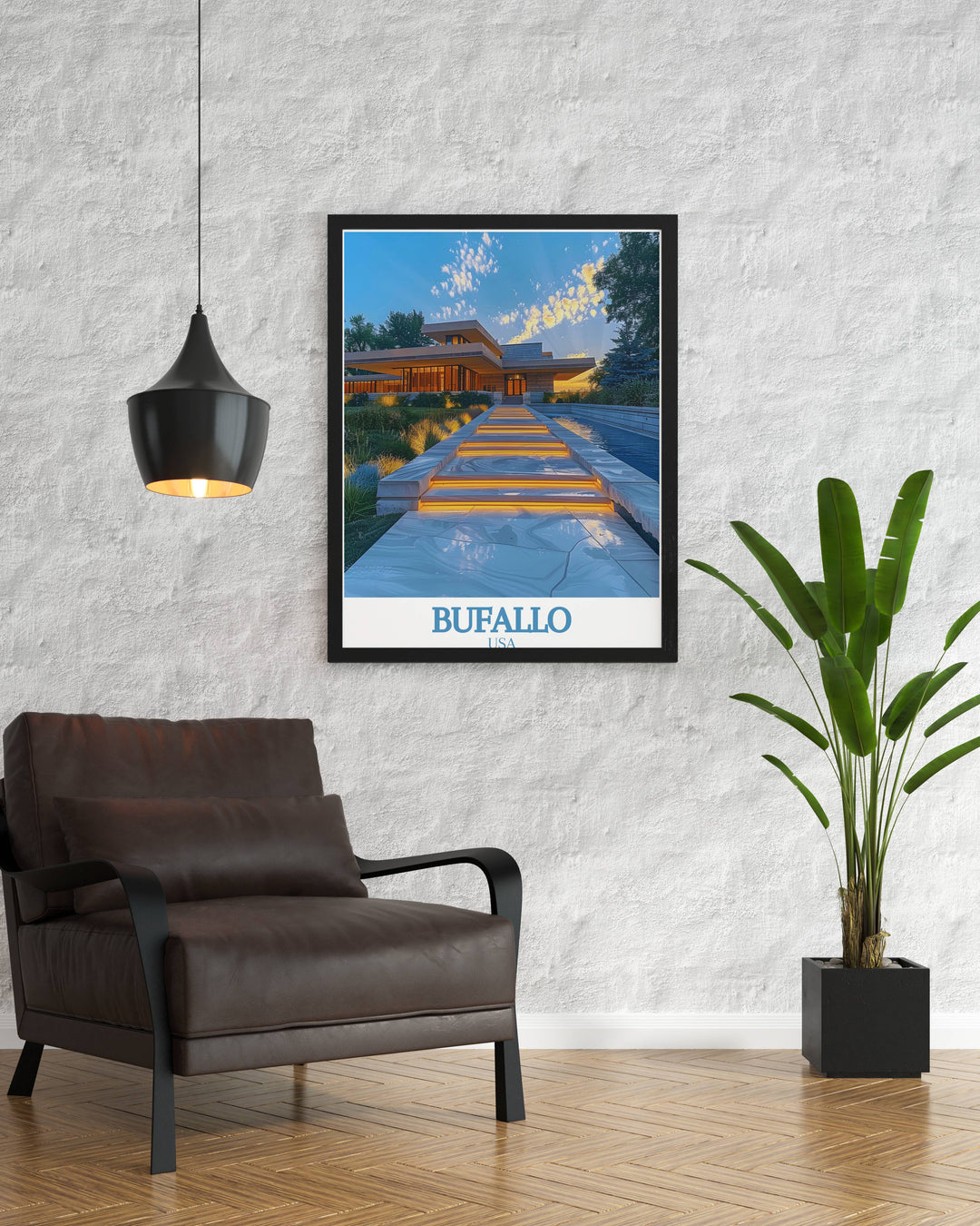 Travel poster print of Buffalo Bills Highmark Stadium with Frank Lloyd Wrights Darwin D. Martin House a great addition to any modern decor