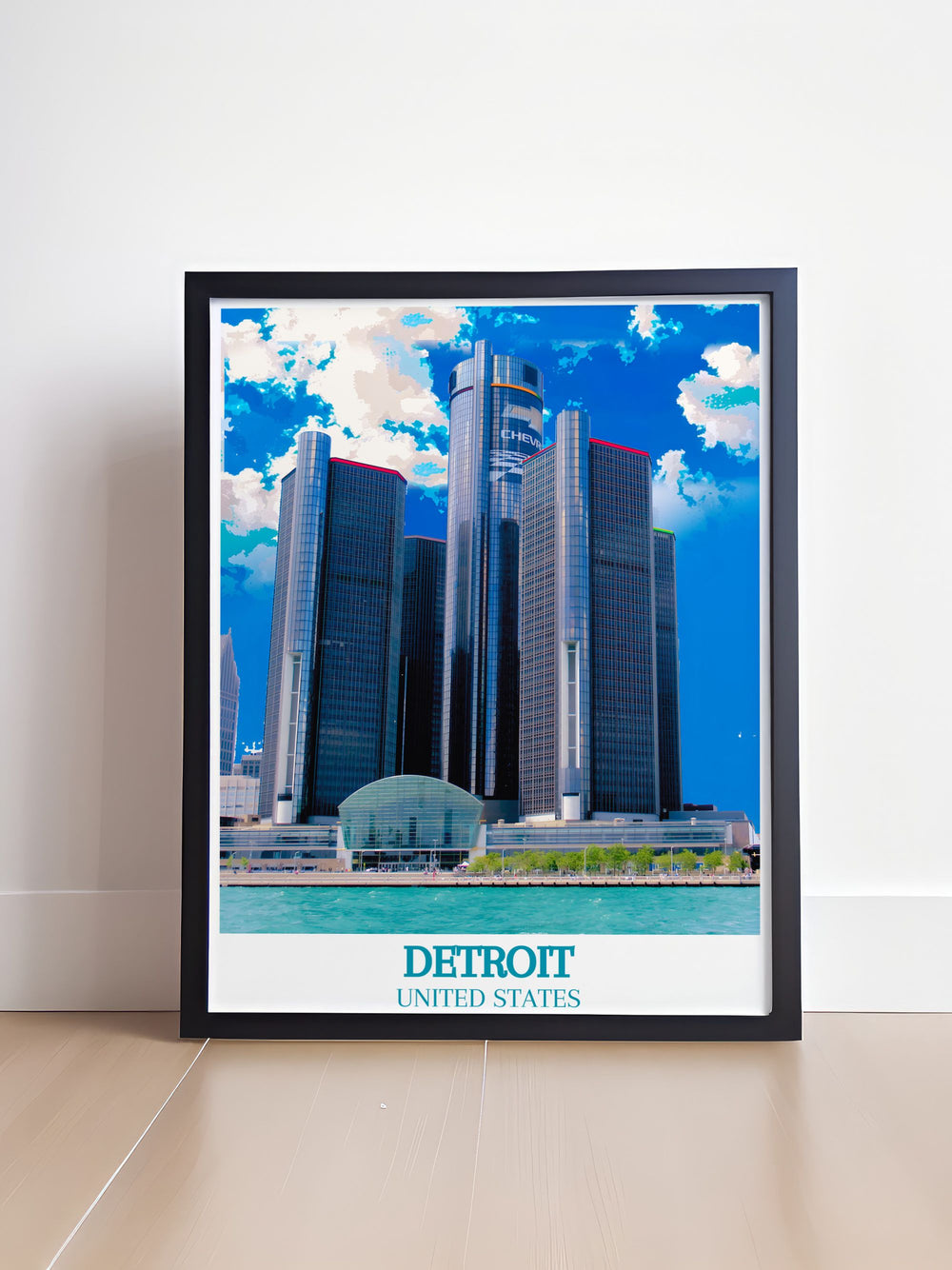 Home decor print illustrating the scenic beauty of The Renaissance Center in Detroit, highlighting the architectural marvels and cultural landmarks of Michigans Motor City.