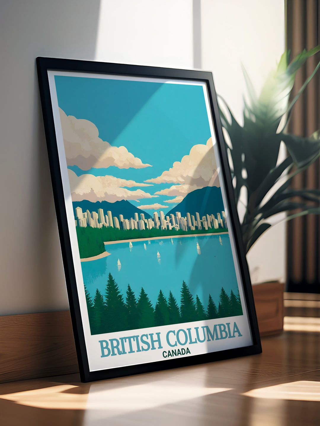 British Columbia travel print highlights the iconic beauty of Stanley Park, with a focus on its lush forest and scenic ocean views. This canvas art is perfect for adding a touch of nature to your living space.