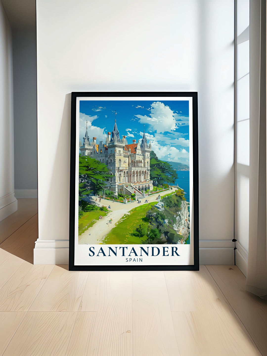 Beautiful Santander wall art showcasing the iconic Palacio de la Magdalena brings the elegance of Spanish architecture to life perfect for any home looking to add a touch of culture and sophistication to its decor with stunning and detailed artwork.