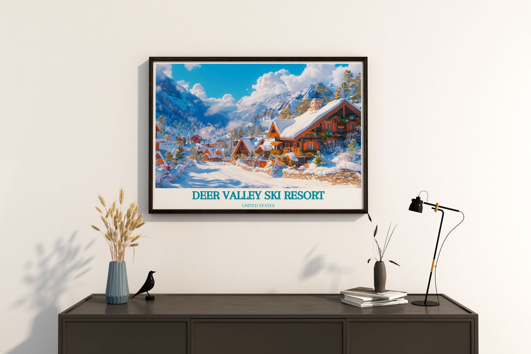 Winter Wonderland Art Print of Deer Valley Ski Resort capturing the excitement of downhill skiing and serene mountain vistas for wall decor.