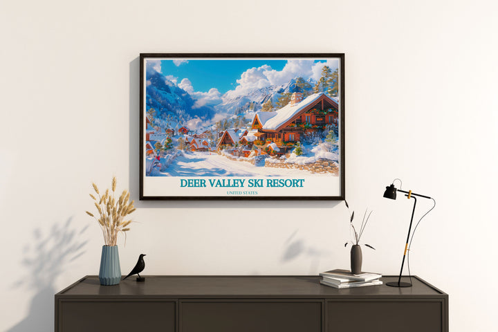 Winter Wonderland Art Print of Deer Valley Ski Resort capturing the excitement of downhill skiing and serene mountain vistas for wall decor.