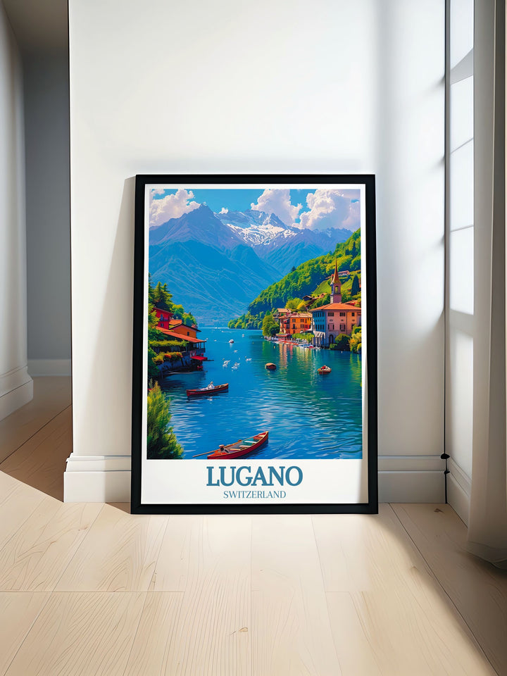 Showcasing the historical richness of Lake Lugano, this travel poster features iconic landmarks and serene landscapes. Ideal for history lovers, this piece brings the fascinating history of Switzerlands landmarks into your home.