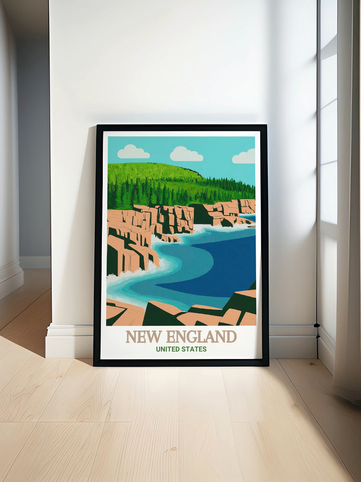 New England Trail poster print showcasing the beauty of Acadia National Park and the long distance hiking trails. Perfect for nature lovers and thru hikers this vintage travel print makes a stunning addition to any home or office decor.