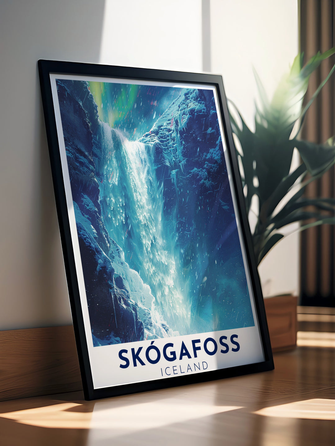 Detailed view of the Skogafoss Waterfall Poster Print capturing the powerful flow of water from the cliffs highlighting the beauty of Icelandic landscapes as seen in the Golden Circle region adding a touch of adventure and natural wonder to your interior design as Waterfall Modern Decor and stunning living room decor