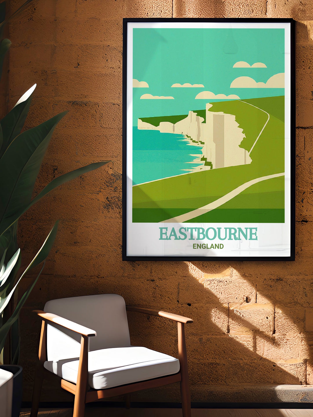 Beachy Head travel poster capturing the scenic beauty of the South Downs Way, with its dramatic coastal views and rolling hills. This print is perfect for anyone who appreciates the grandeur of Englands natural landscapes.