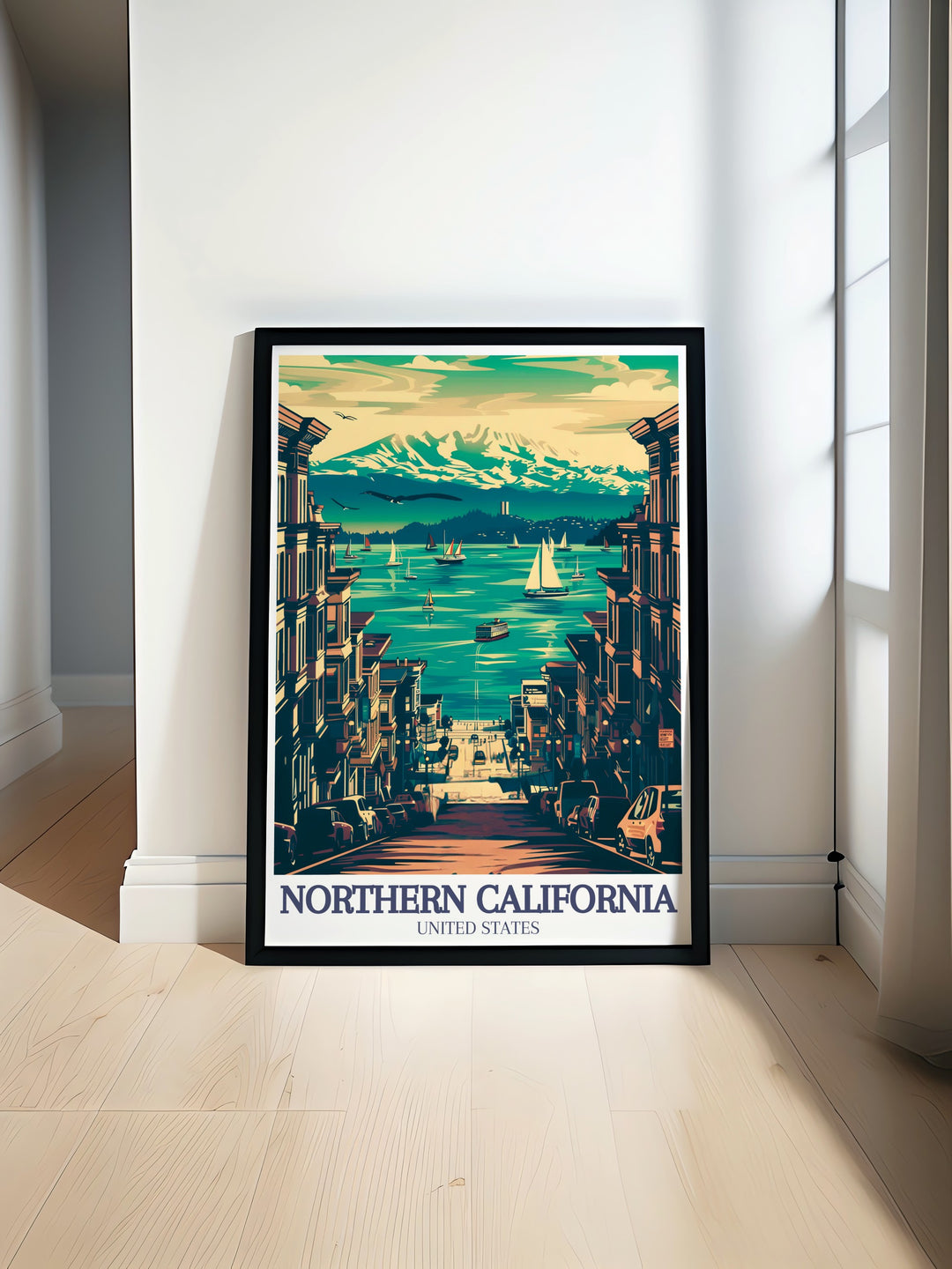 Lake Tahoe Art Print features the serene beauty of this beloved Northern California lake, framed by the towering sequoia trees of Redwood State Park and the cityscape of San Francisco. This travel print is perfect for those who appreciate both natural and urban wonders.