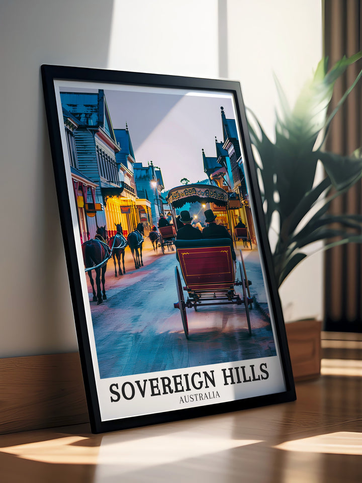 Elegant Sovereign Hill framed art featuring Golden Point, a significant site during the gold rush, making it a unique and thoughtful gift for those who appreciate New Zealand history