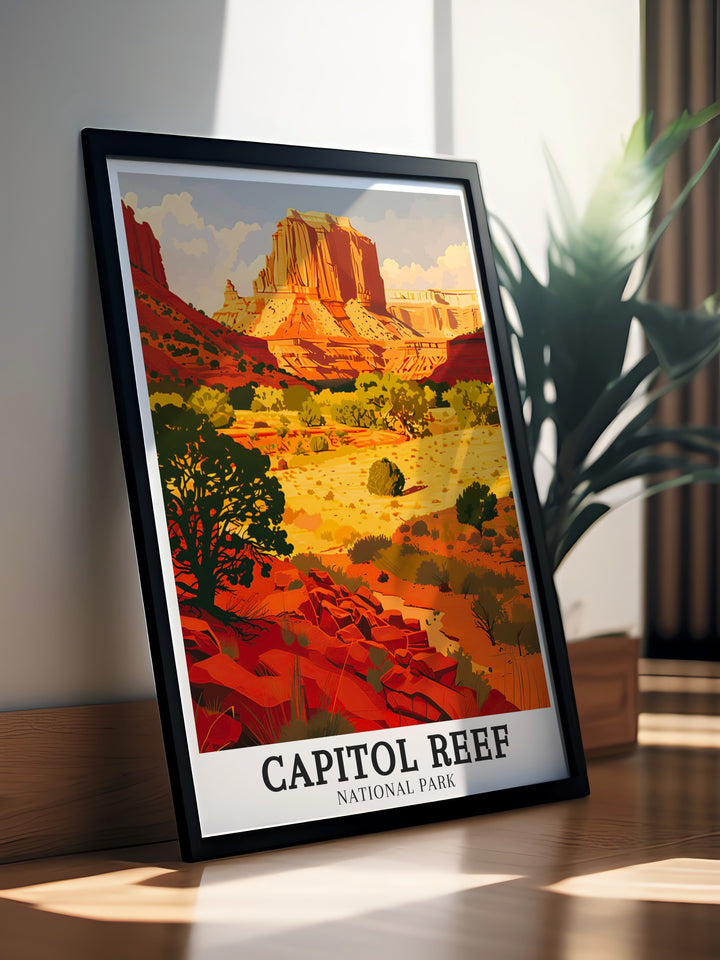 Red Rock Wall Art captures the essence of Capitol Reefs towering sandstone cliffs and the vastness of its surrounding wilderness. Perfect for those who admire the natural beauty of Utahs National Parks and love the outdoors.