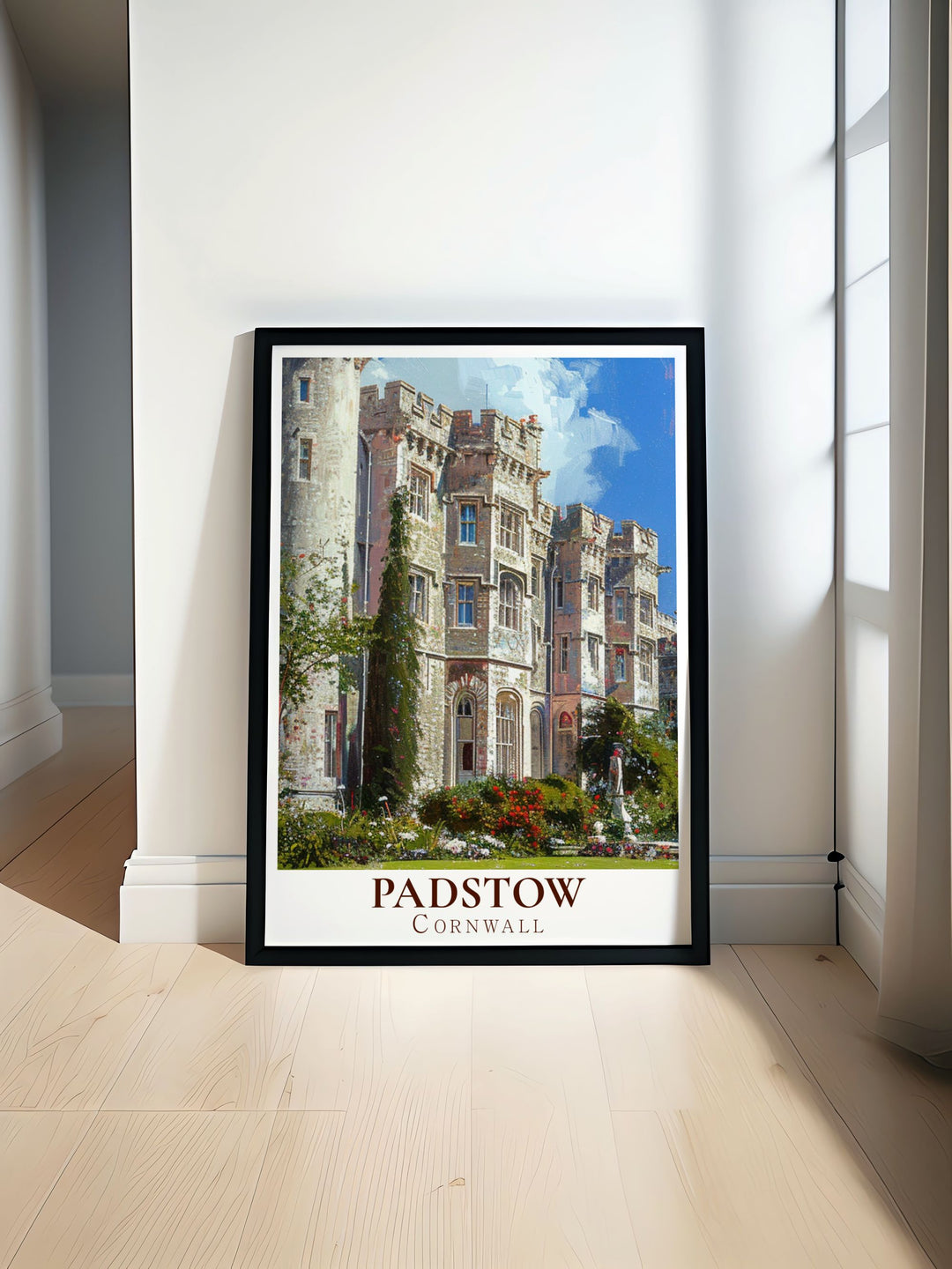 Padstow Poster featuring the picturesque Padstow Harbour perfect for Cornwall travel enthusiasts and those who appreciate Cornish paintings and UK travel posters Prideaux Place modern prints ideal for elegant home decor and stunning living room decor