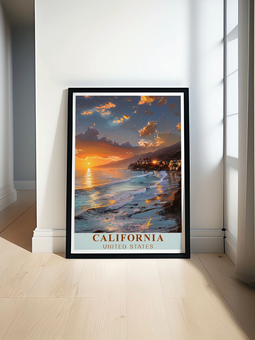 Malibu travel poster showcasing the serene beauty of Californias iconic coastal destination perfect for enhancing home decor and inspiring beach lovers a vibrant addition to any room bringing the relaxing vibes of Malibus beaches into your living space