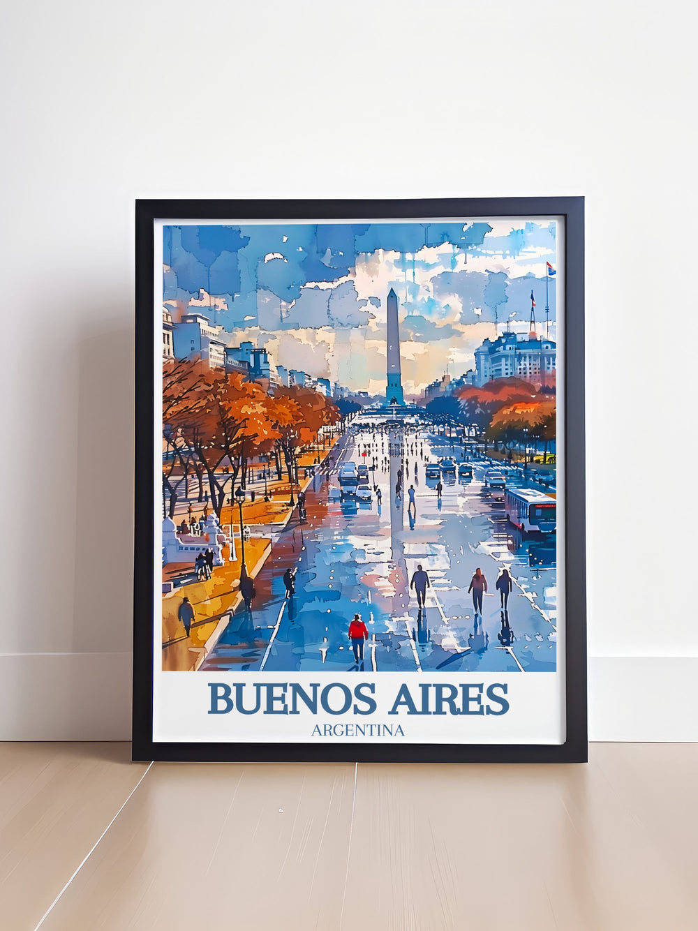 Stunning Buenos Aires travel print highlighting the historic Obelisk and the bustling activity of Plaza de la Republica, ideal for urban enthusiasts and history lovers.