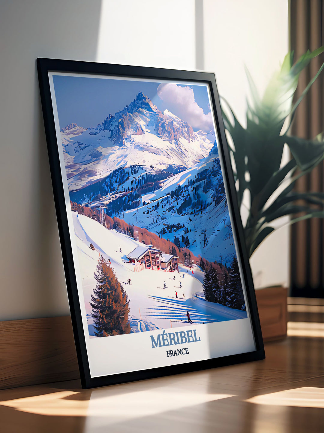 This travel poster beautifully depicts the thrill of snowboarding in Méribel and the lively atmosphere of Rond Point des Pistes, ideal for adding a touch of French alpine culture to any room.