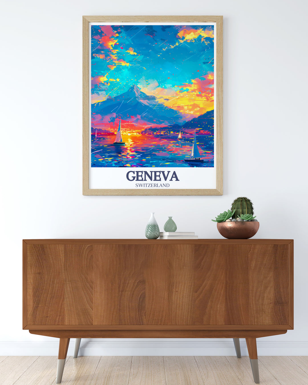 This Geneva poster print features the stunning landscape of Lake Geneva with Mont Blanc in the background. The perfect addition to your home decor, this travel print captures the serene beauty of Switzerlands most iconic landmarks. A must have for Swiss Alps art lovers.