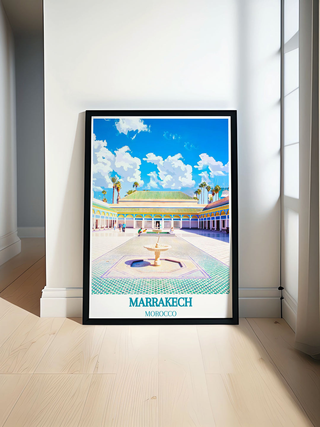 Highlighting the architectural beauty of Bahia Palace, this poster features its stunning courtyards and intricate designs, perfect for those who appreciate Moroccan elegance.