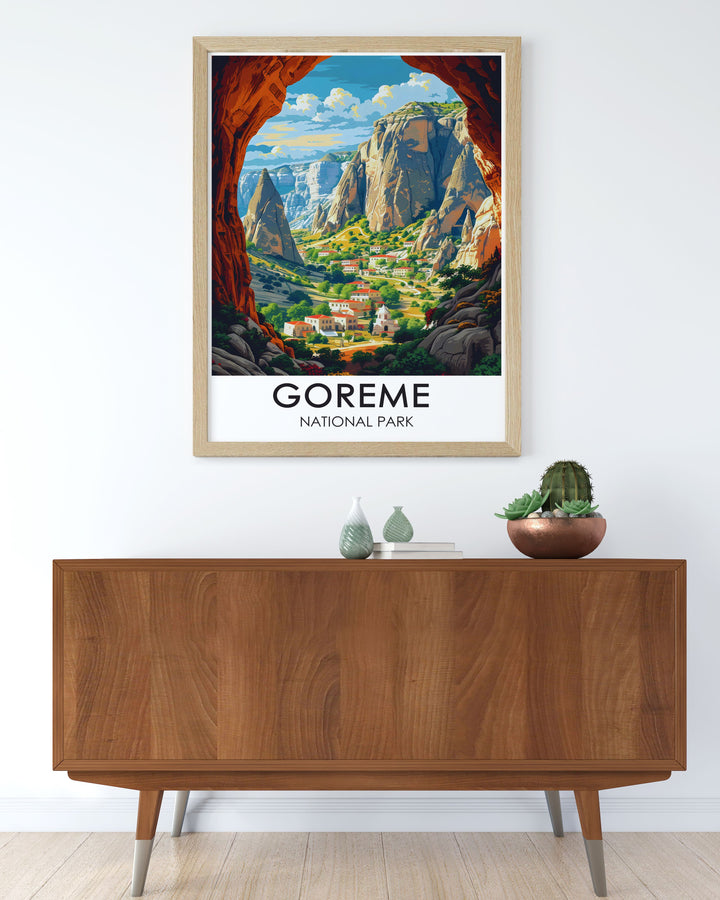 This travel poster showcases the enchanting landscape of Goreme National Park in Turkey, featuring the unique Fairy Chimneys and the historic Open Air Museum, perfect for adding a touch of adventure to your home decor.