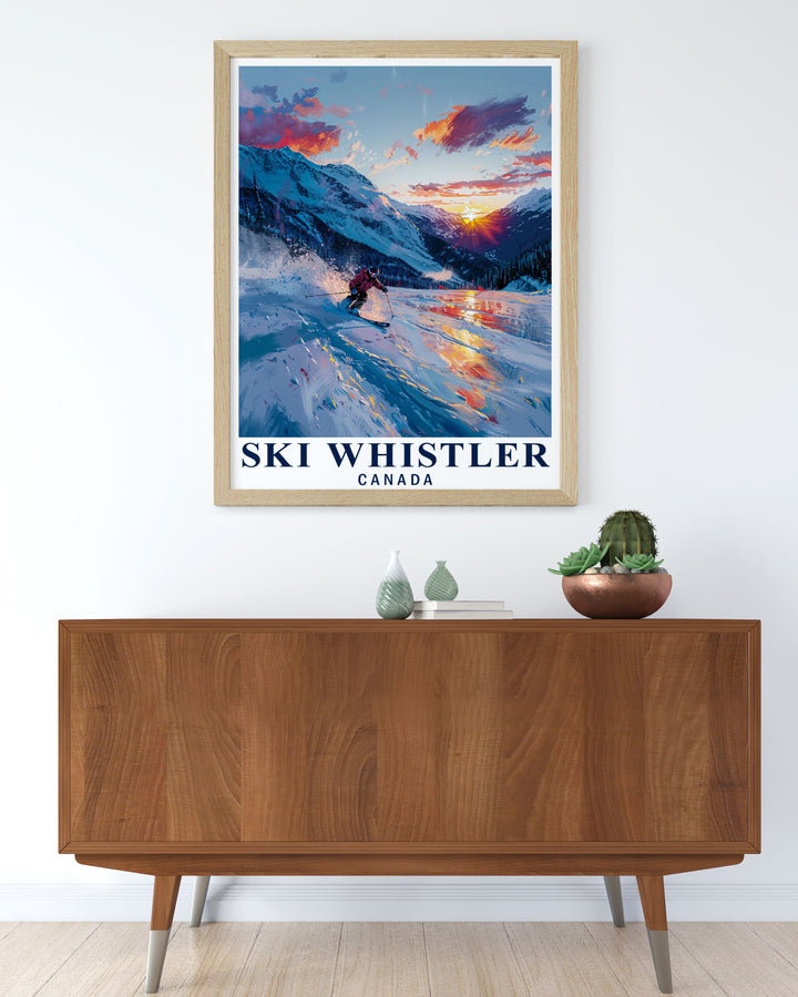 Bring the beauty of Whistler into your home with this detailed poster, highlighting the vibrant winter sports culture and pristine slopes of British Columbia, Canada.