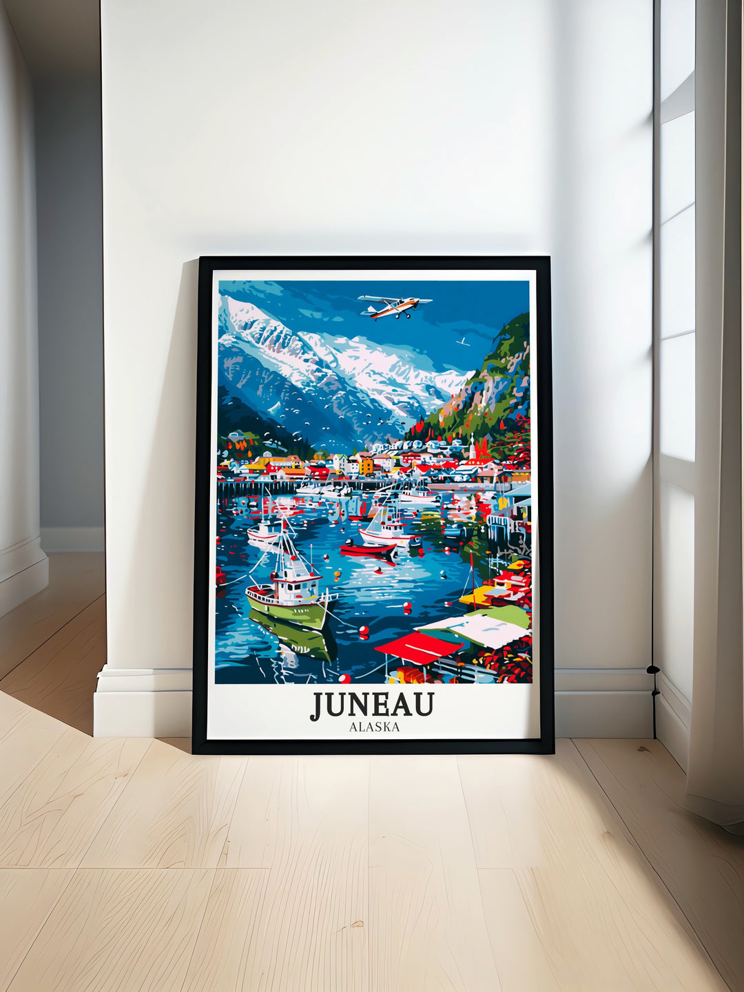 Juneau harbor travel poster illustrating the vibrant waterfront set against the backdrop of the Gastineau Channel. This piece captures the tranquil beauty of Alaskas waters and mountains, making it an excellent addition to any home or office space.