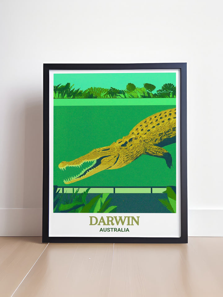 Darwin art print of Crocosaurus Cove offers a stunning visual of Australias untamed wilderness. This Australia travel poster is a great choice for home decor, bringing the thrill of the Northern Territorys iconic crocodiles into any room. Ideal as a gift for adventurers and wildlife lovers.