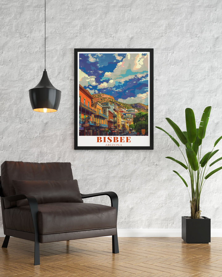 Elevate your home decor with Historic Downtown Bisbee artwork. This Arizona travel print highlights the unique beauty of Bisbee making it the perfect gift for those who appreciate Arizonas rich history and vibrant culture.