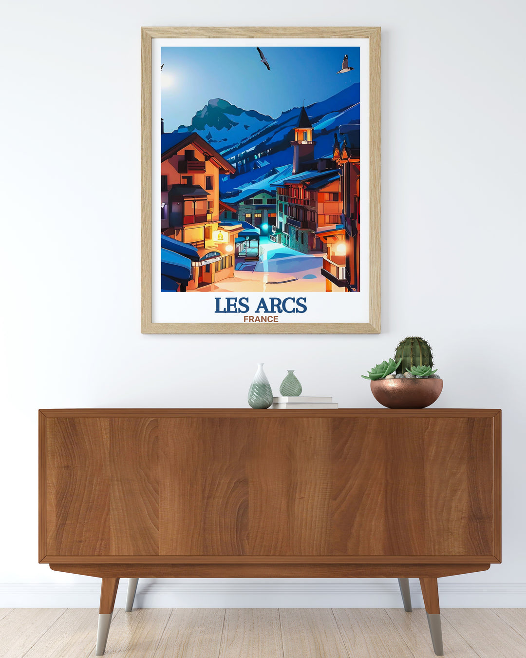 The "Les Arcs Vintage Poster" features the iconic slopes of the French Alps and the renowned Les Arcs 1950 Village. This artwork brings the excitement of snowboarding to life and serves as a stunning tribute to one of the most famous ski resorts in Europe.