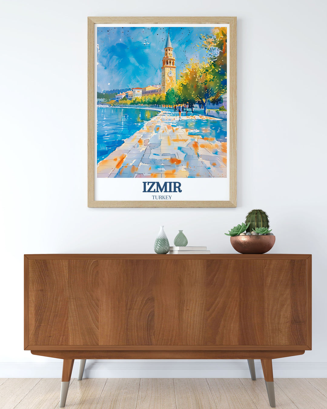 Enhance your décor with this striking Izmir art print, featuring the citys Clock Tower and Kordon Promenade. This Turkey inspired artwork is perfect for those who love travel, architecture, and the beauty of Turkish cities.