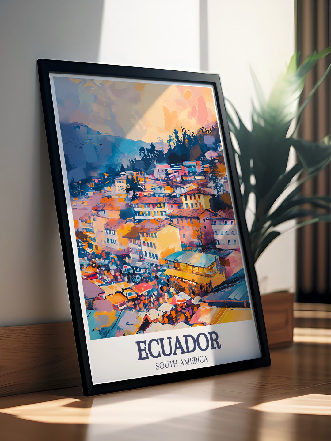 The Ecuador Print featuring Quito and Otavalo Market showcases the perfect blend of traditional and modern Ecuador. With vibrant colors and intricate details, this artwork is ideal for home decor or as a meaningful gift for lovers of South American culture and history.