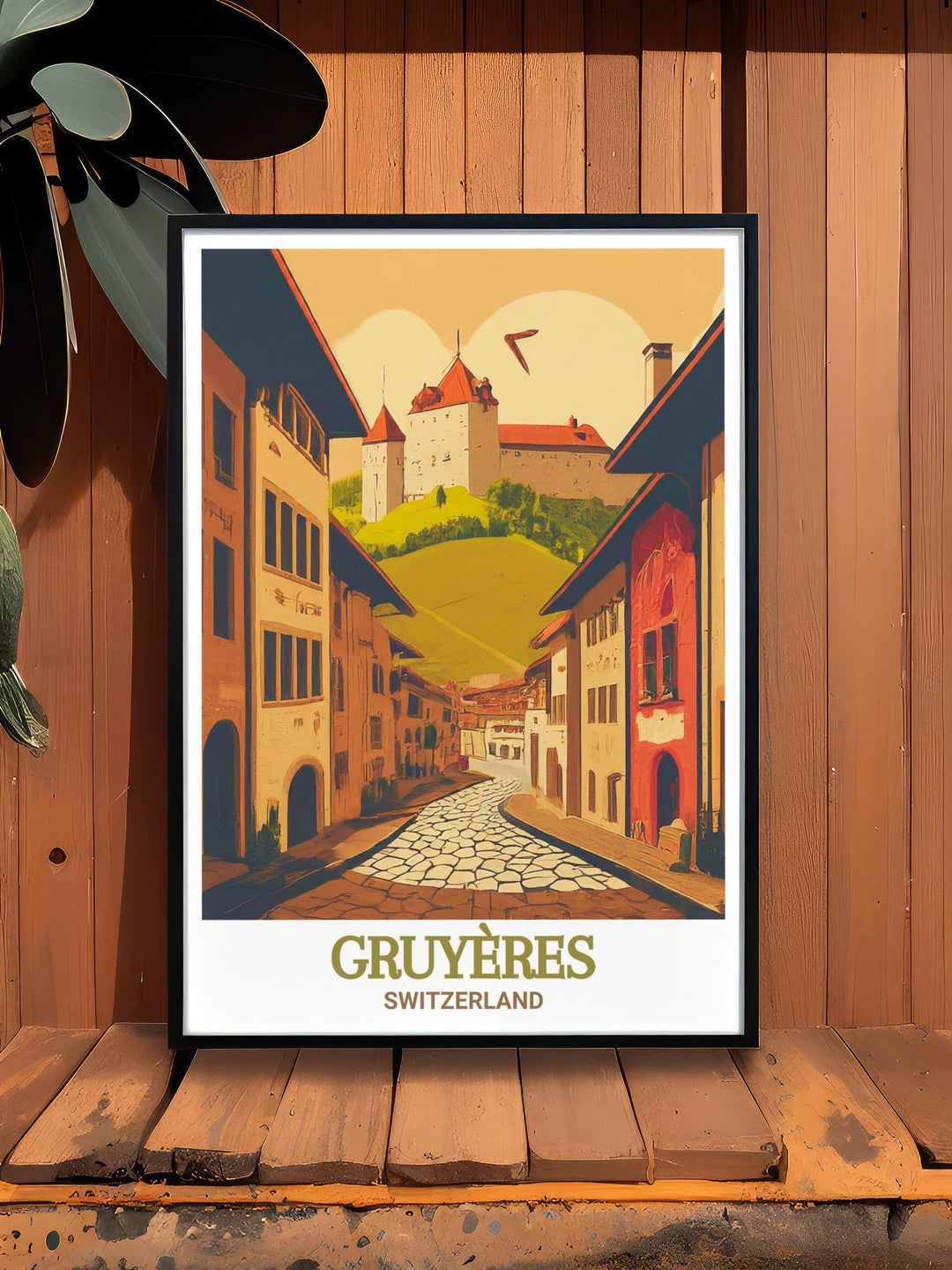 Gruyeres Medieval Town framed print featuring a beautiful depiction of the towns iconic architecture. This artwork is ideal for those looking to enhance their home with elegant Swiss travel decor