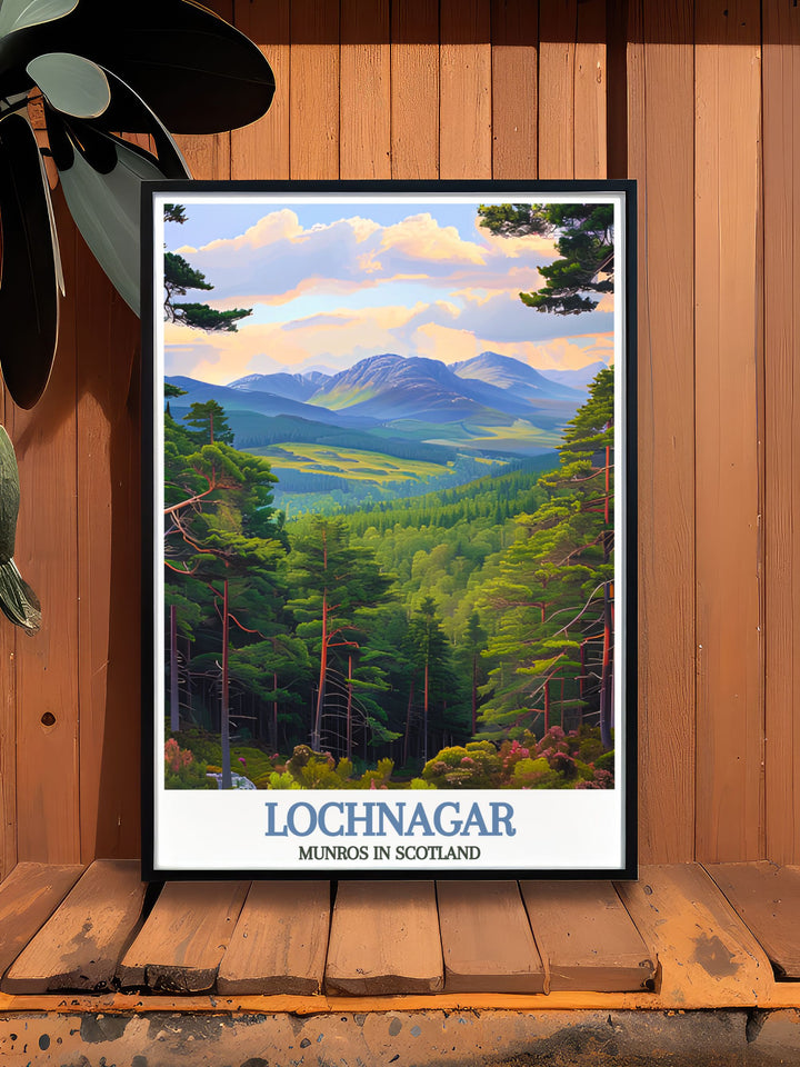 Ballochbuie Forest Prints capturing the enchanting woods and trails of the Scottish Highlands with stunning vintage posters of Lochnagar Munro and Beinn Chìochan Munro perfect for home decor and nature inspired art collections